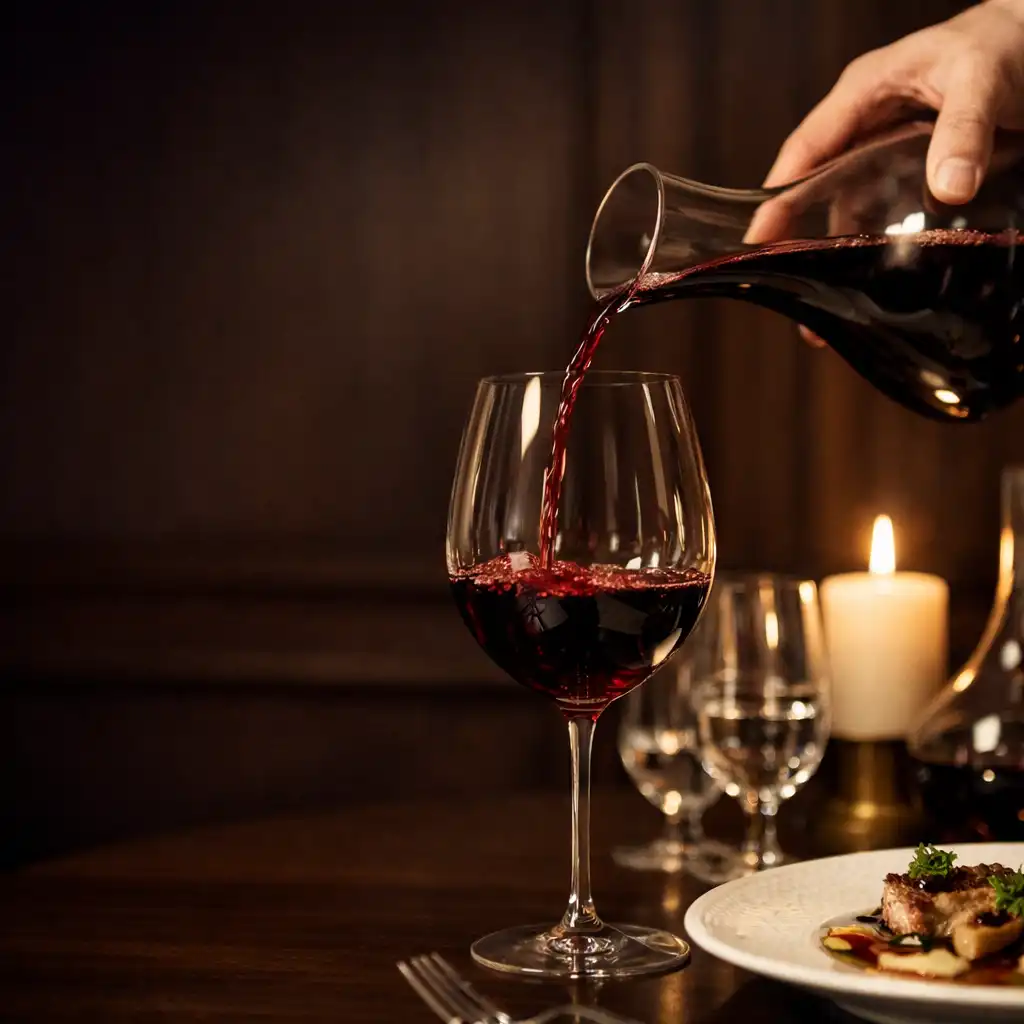 Main versant du vin rouge dans un verre fin sur une table gastronomique éclairée à la bougie