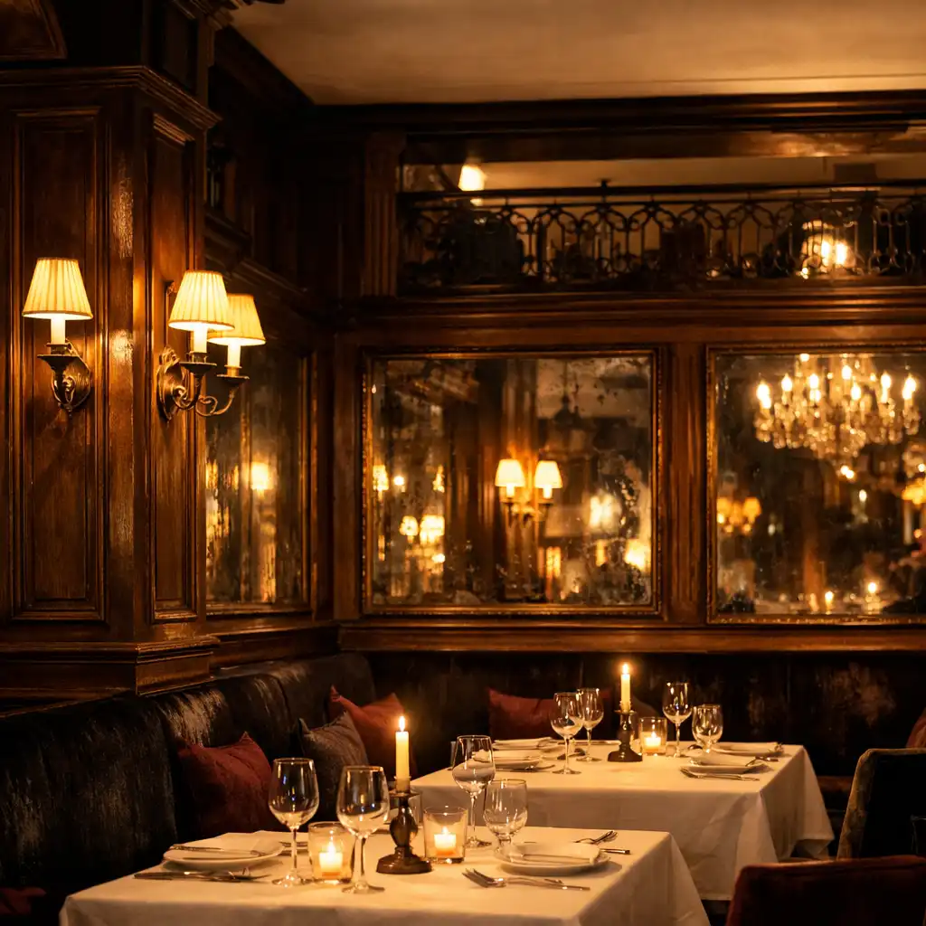 Intérieur chaleureux d’une brasserie historique aménagée pour une réception du soir.