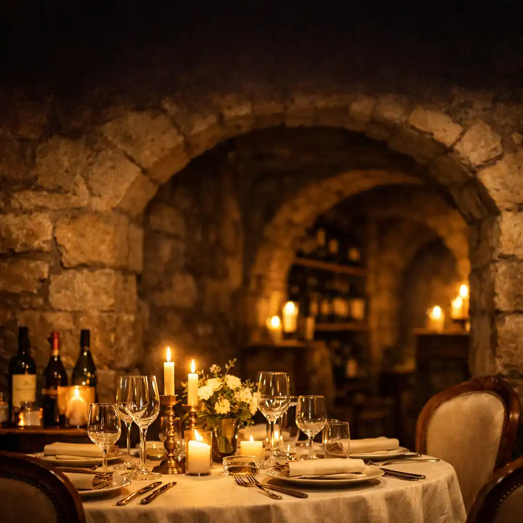 Table gastronomique dressée dans une cave historique aux murs de pierre