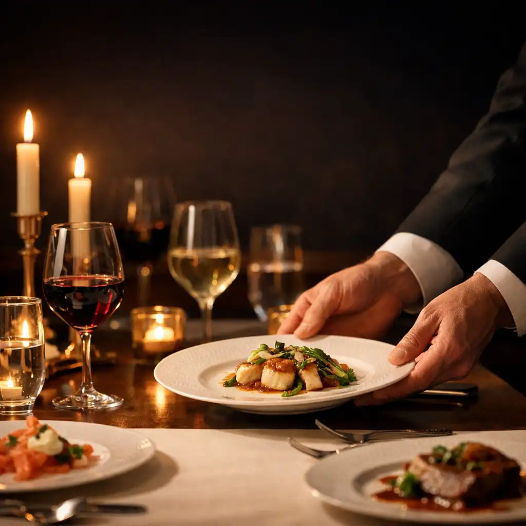 Service d’un plat lors d’un dîner gastronomique à la bougie, avec verrerie et table élégamment dressée.