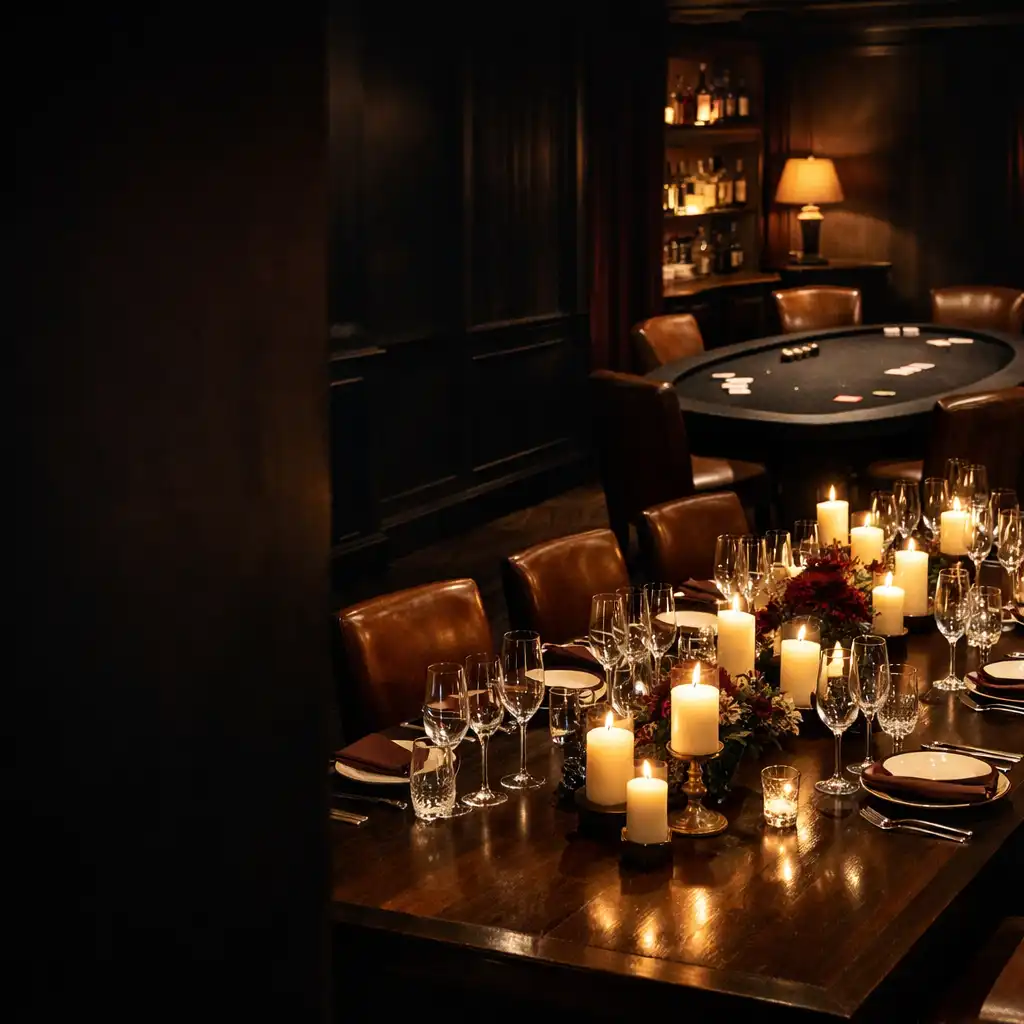Salon privé éclairé aux bougies, préparé pour un dîner gastronomique et une animation de poker récréatif.