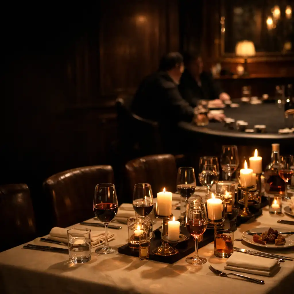 Salle à manger privée éclairée aux bougies, dressée pour un dîner et une animation de poker récréatif