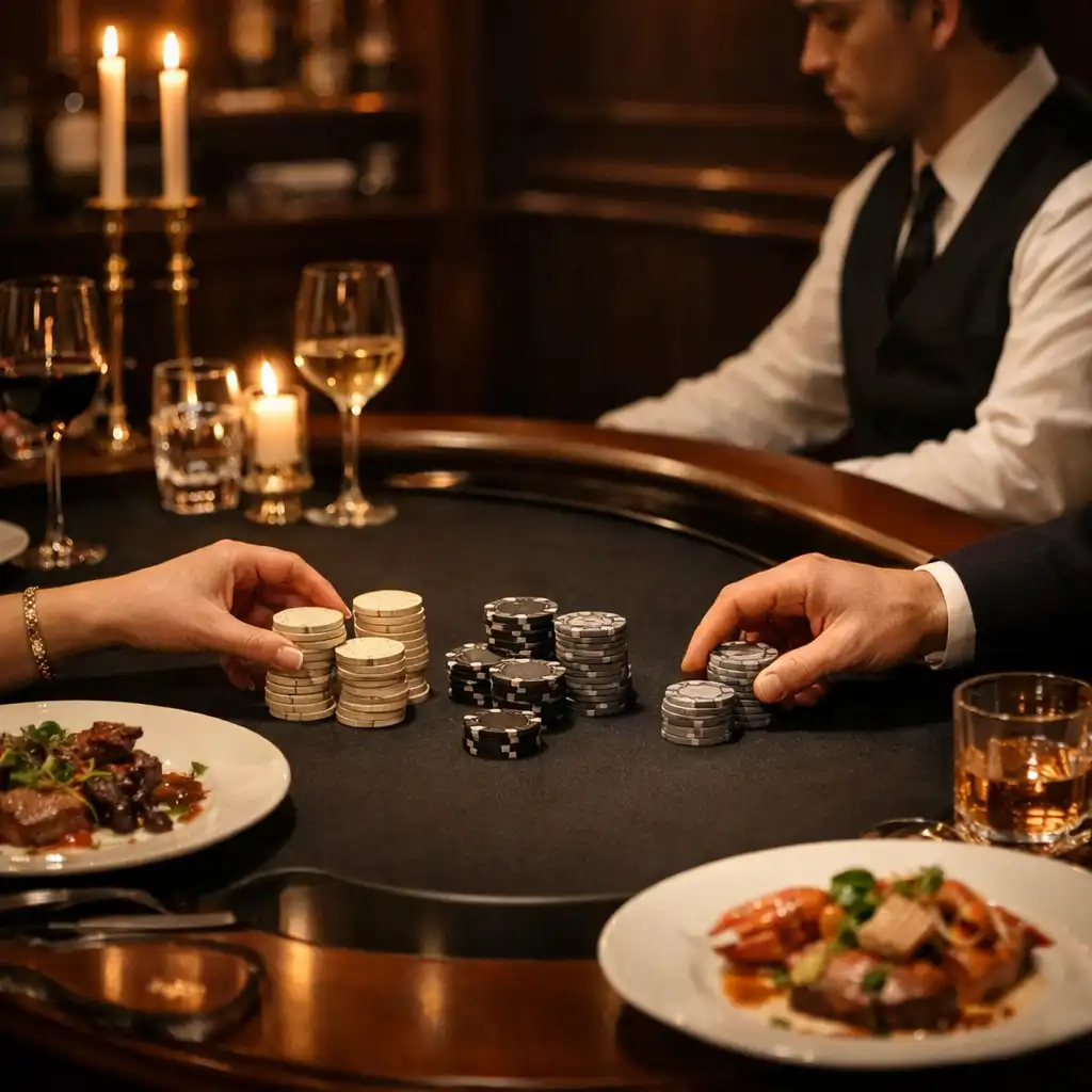 Table de chef et table de poker sobre dans un salon privé, avec mains manipulant des jetons de jeu non monétaires