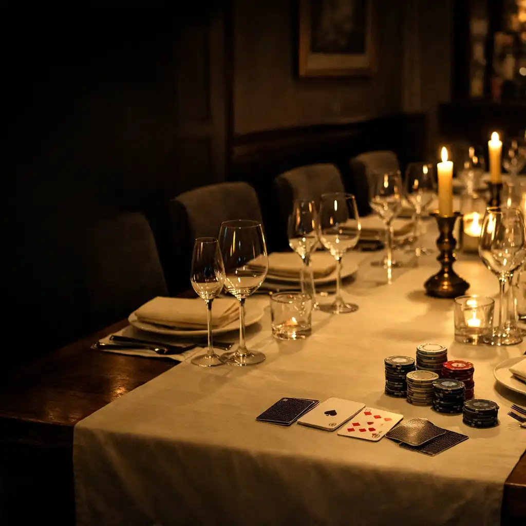 Salle à manger privée préparée pour un dîner gastronomique et une animation de poker récréative