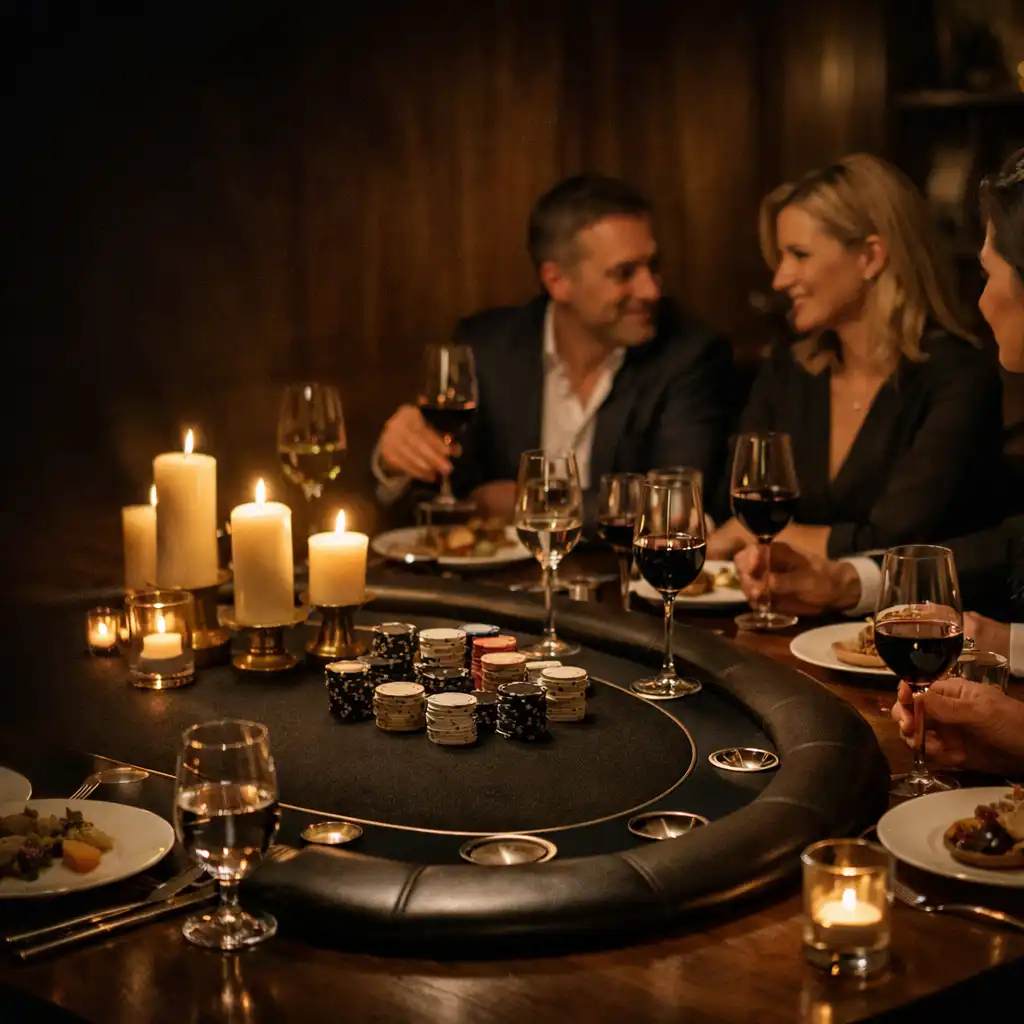 Dîner privé autour d’une table de poker élégamment intégrée dans une salle feutrée