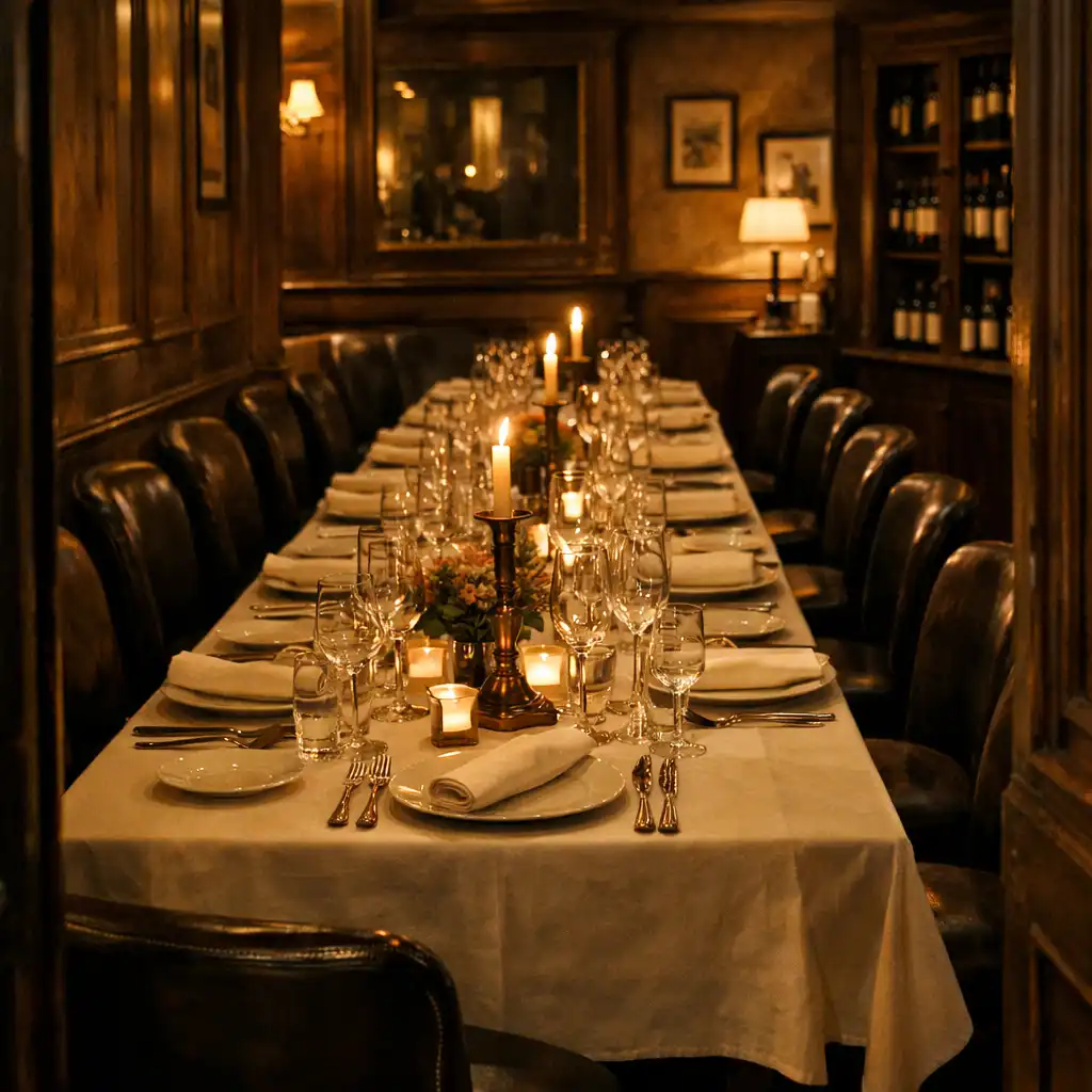 Salle de restaurant française intime avec tables dressées et bougies