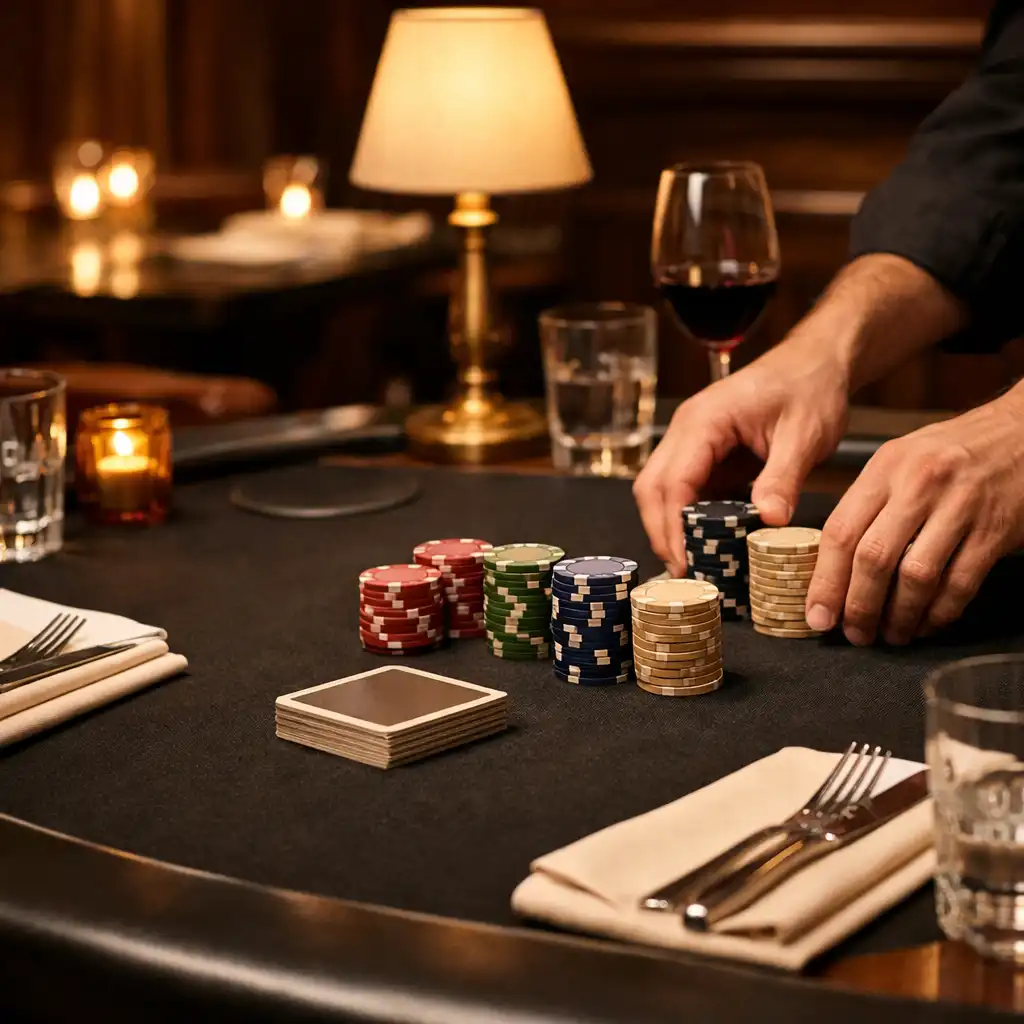 Préparation soignée d’une table de poker dans un salon de restaurant avant le service