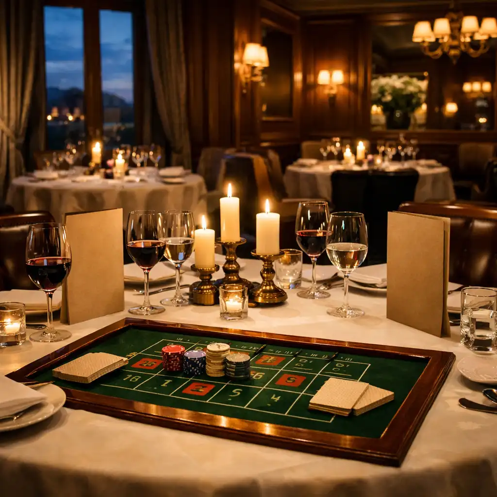 Table dressée dans une élégante salle de restauration d’hôtel au crépuscule