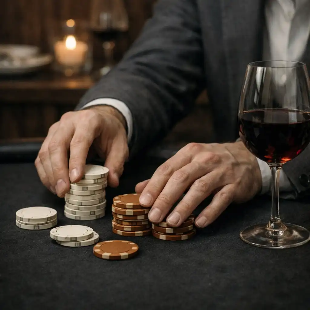 Mains disposant des jetons de jeu près d’un verre de vin sur une table élégante