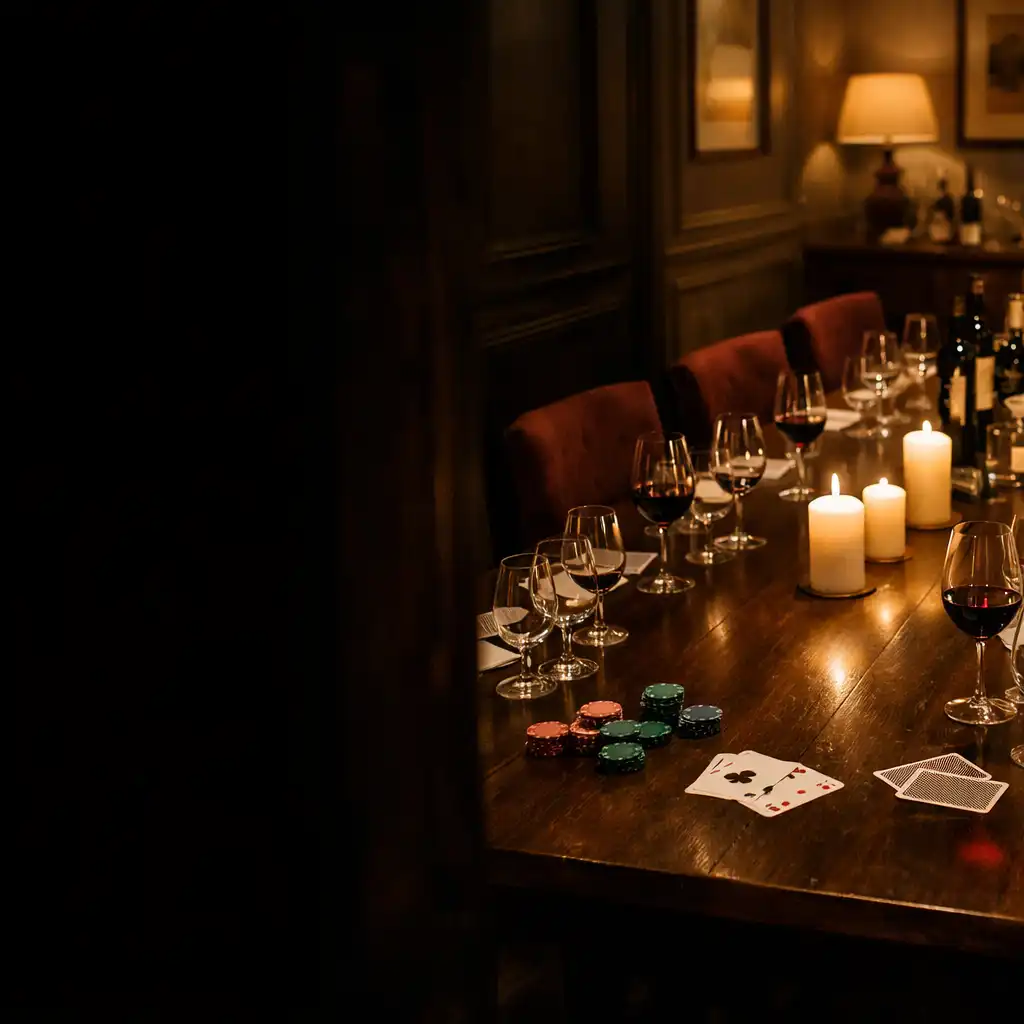 Salle à manger privée préparée avec verres de dégustation et table élégante