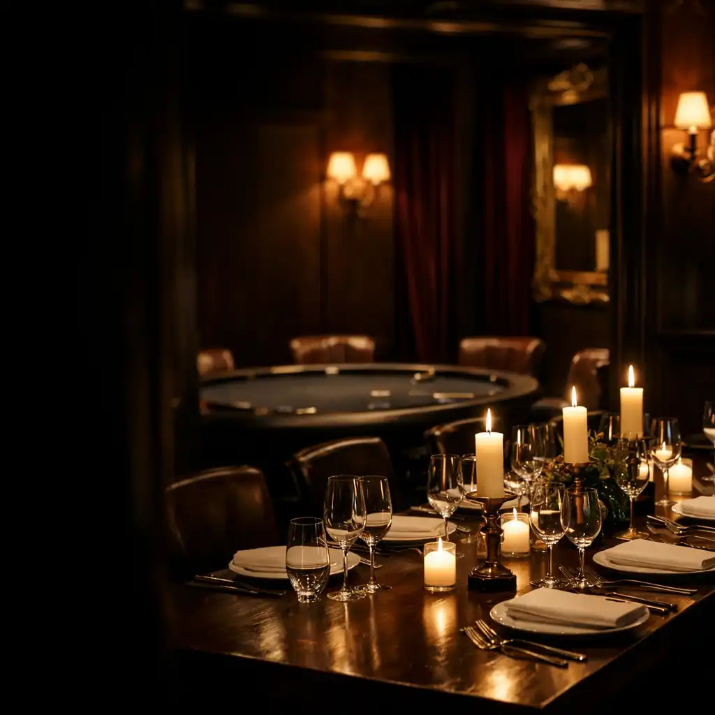 Salle à manger privée préparée pour un dîner de réception à la lumière des bougies