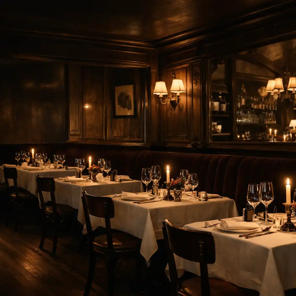 Salle de restaurant historique préparée pour une réception nocturne