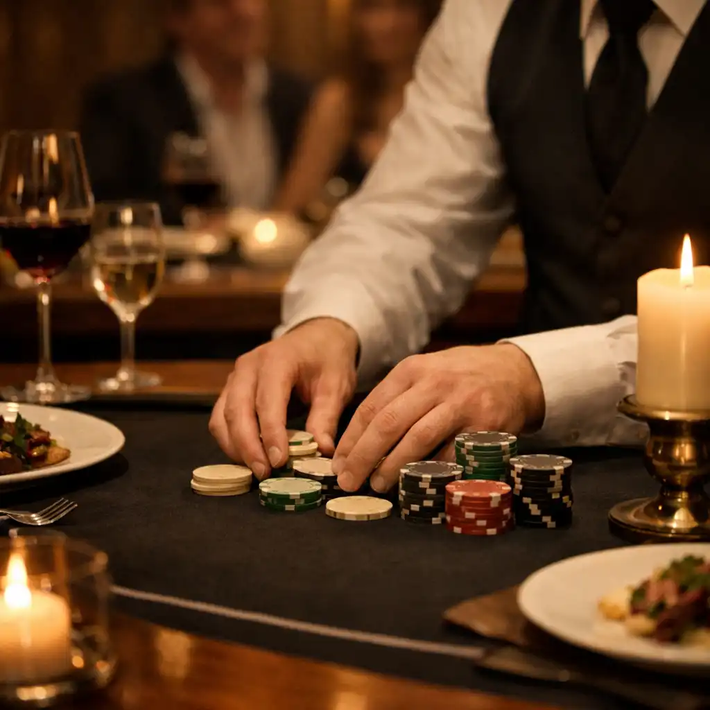 Service d’un dîner et jetons de jeu disposés sur une table de poker élégante