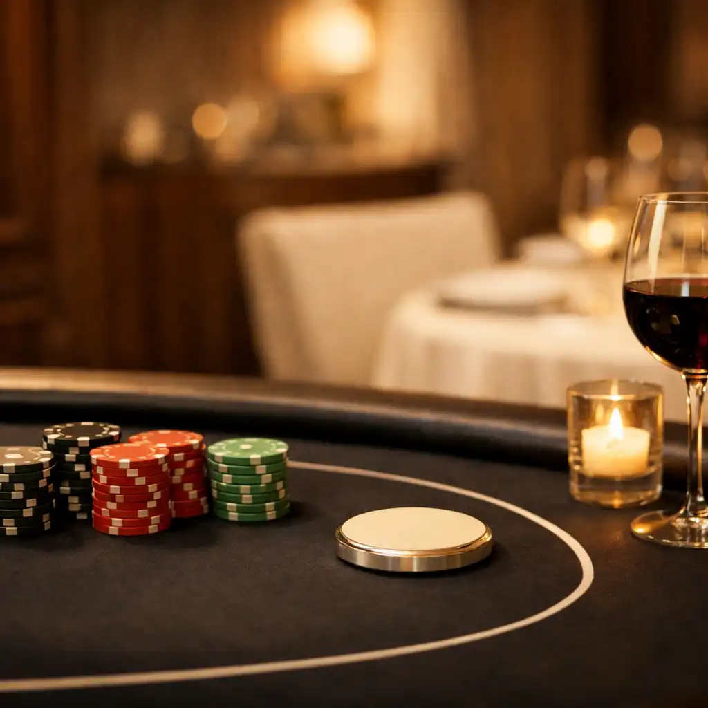 Table de poker élégante installée dans un salon de restaurant avec verre de vin et lumière de bougie