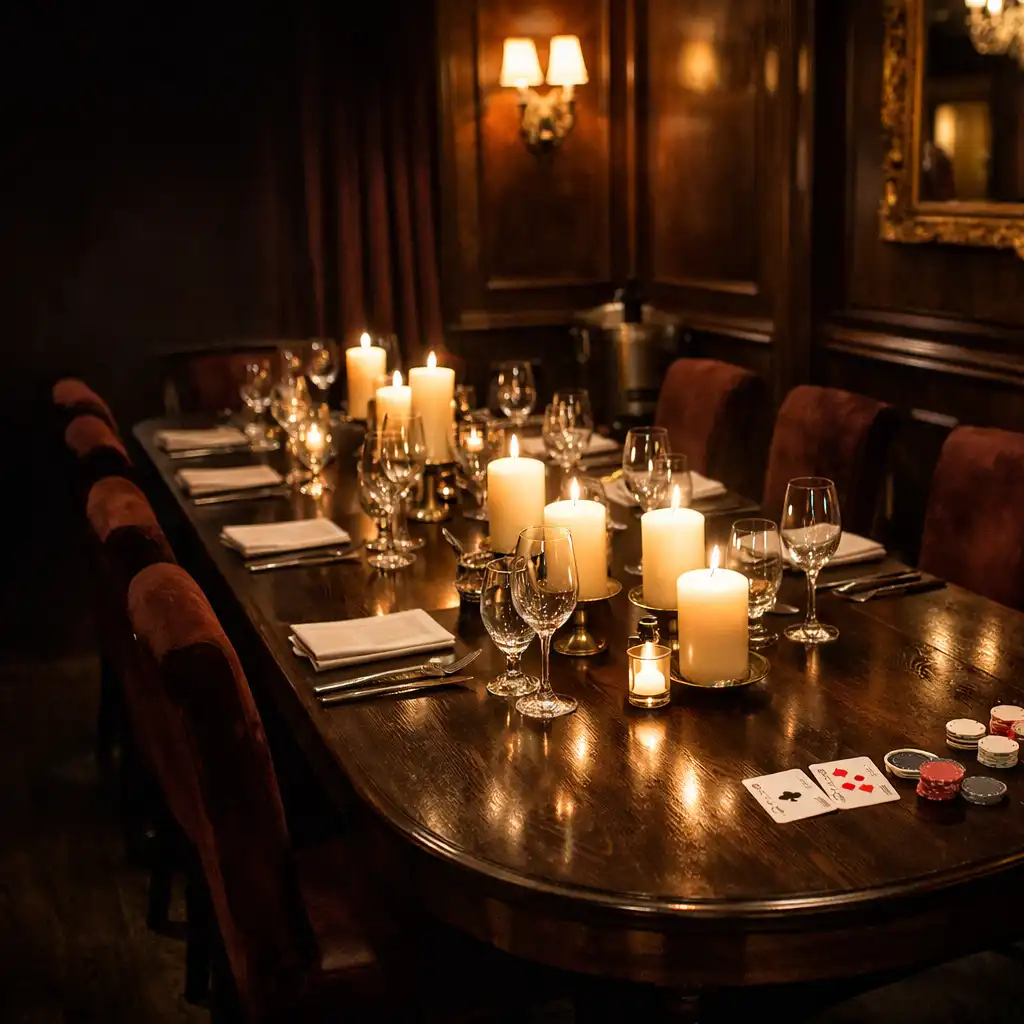 Salle à manger privée avec table dressée, verres et bougies pour une expérience gastronomique feutrée