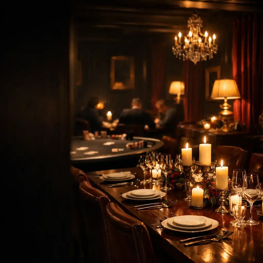 Salon privé parisien éclairé aux bougies, préparé pour un dîner élégant et une animation récréative
