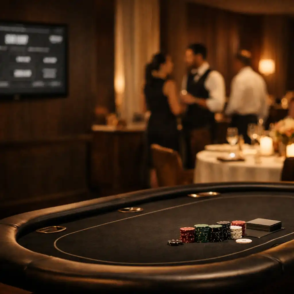 Table de poker sobre intégrée dans une salle de restaurant éclairée chaleureusement