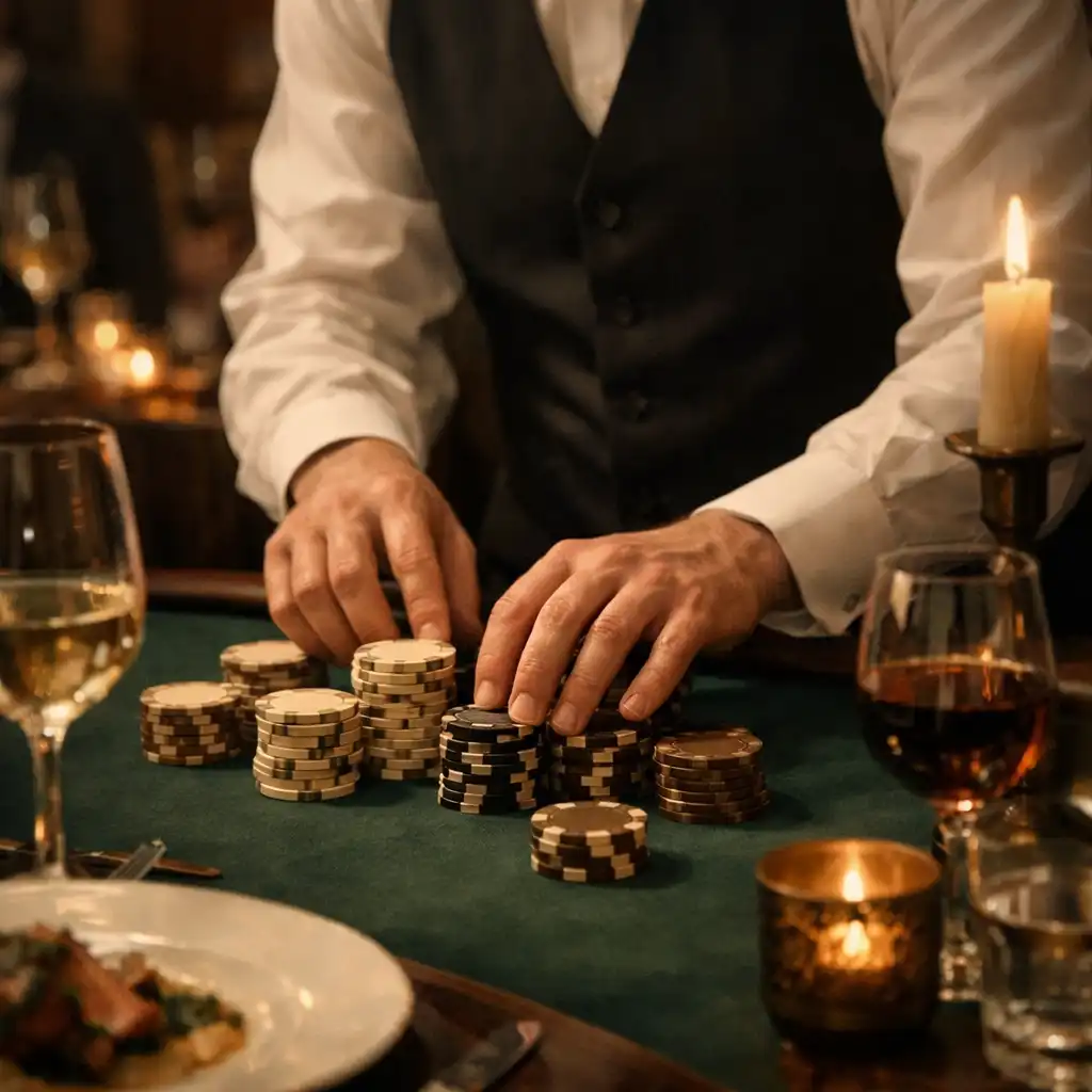 Mains d’un croupier organisant des jetons de jeu sur une table de salon privé avec verres et bougies